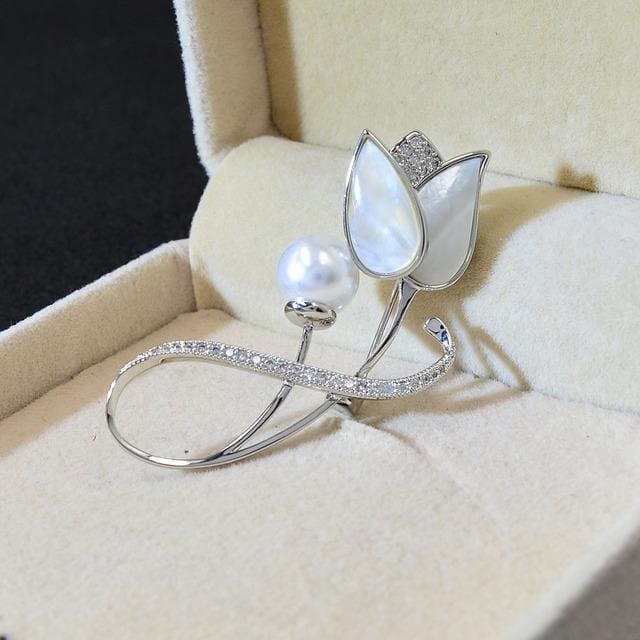 Schelp Tulp Broches Voor Vrouwen Mode Zirkonia Bloem Speld Bruiloft Accessoires 2 Kleuren Beschikbaar Cadeau zilver