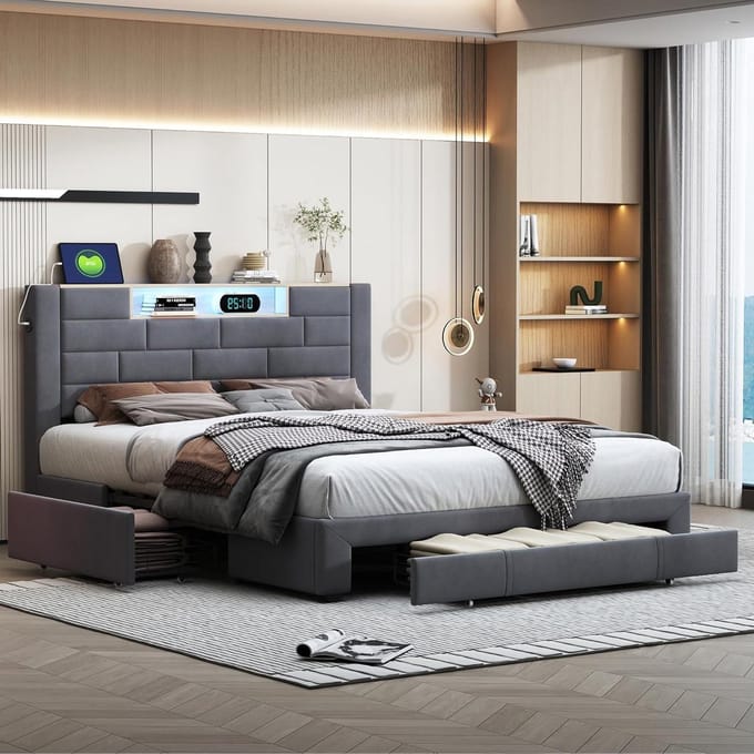 MOTUZP Gestoffeerd tweepersoonsbed, 140 x 200 cm, functioneel bed met ledlicht en USB-aansluiting, bedlade met laden, tienerbed, lattenbodem