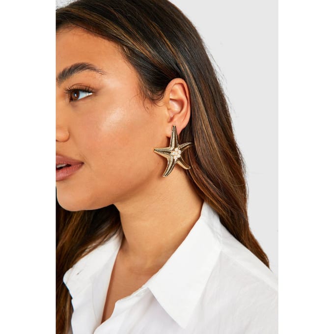 boohoo Dames Statement Oorbellen met Pareldetail en Zeesterontwerp | Goud