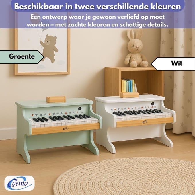 Coemo Kinderpiano Speelgoed Muziekinstrument Keyboard voor Kinderen, Hout, Wit 42x25x29 cm