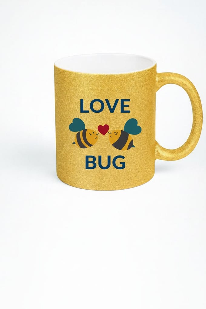 Gouden Glitter 'Love Bug' Mok met Lieve Bijen & Hartje - Perfect Romantisch Cadeau