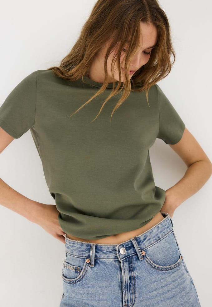 Stradivarius B02 Basic T-shirt regular fit zachte touch  Kaki XL