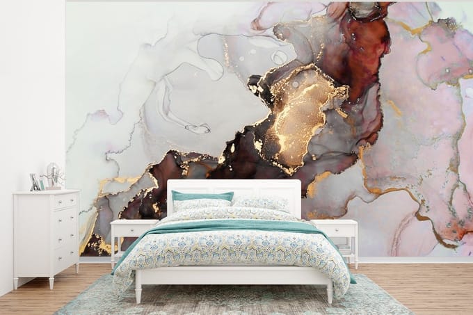 Behang - Fotobehang Rood - Marmer - Goud - Breedte 375 cm x hoogte 280 cm
