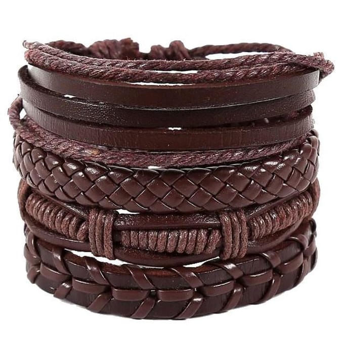 Fako Bijoux® - Leren Armband - Leder - Set Emilio - 4 Stuks - Bruin