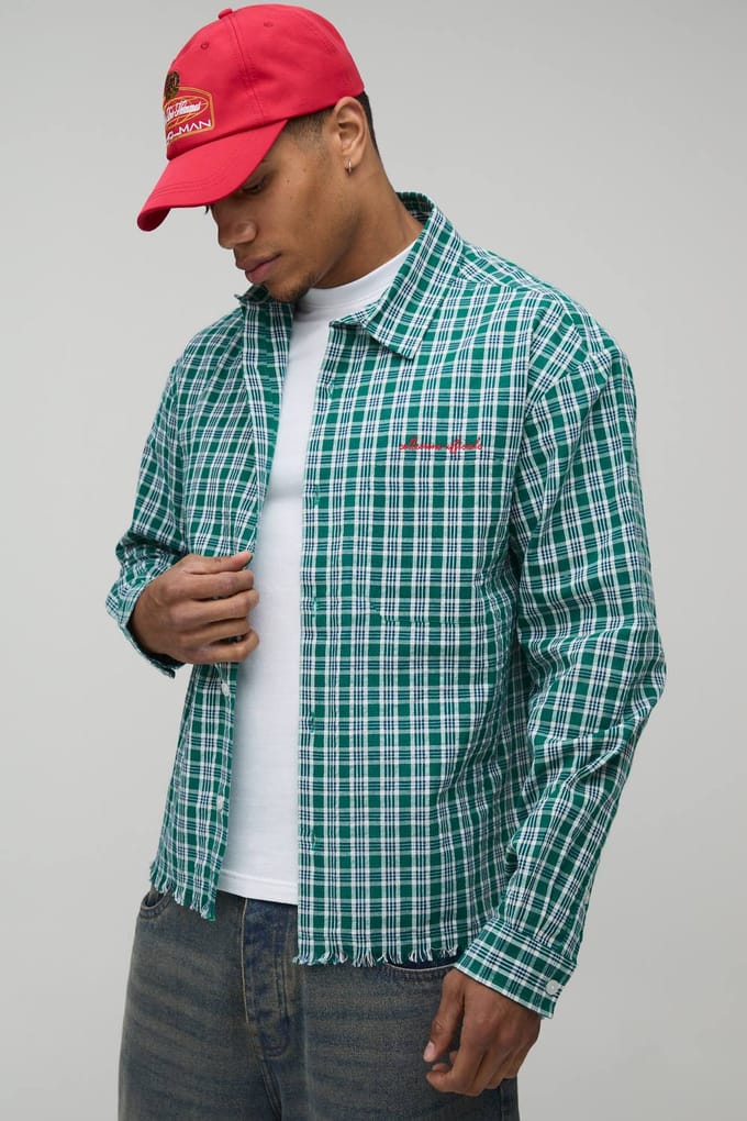 Oversized Boxy Geruit Overhemd Met Ruwe Zoom | Green | Size XL