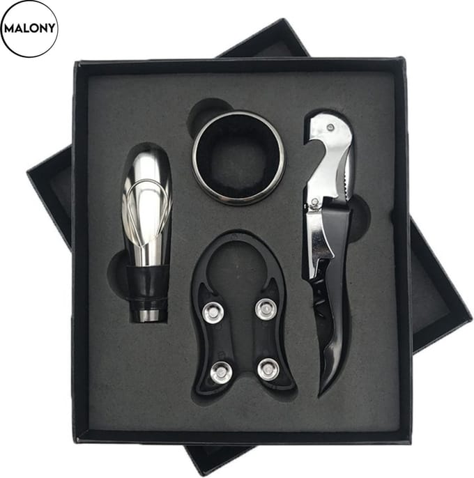 Wijnopener set - 4 Delig - RVS - Wijn accessoires - Luxe Giftbox - Zwart
