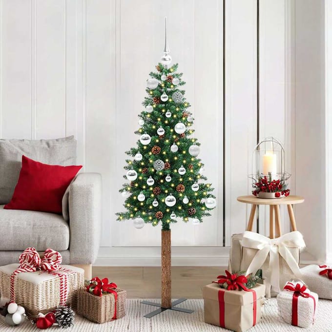 vidaXL - Slanke - Kerstboom - Groen - 150 - cm - PVC - en - massief - dennenhout