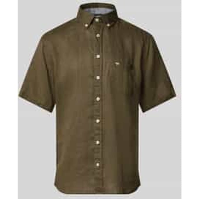 Fynch-Hatton Overhemd Premium Short Sleeve Linnen Button-Down Donker Khaki / male