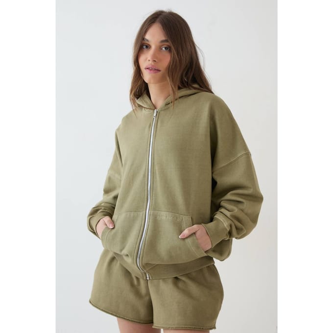 Dames Dsgn Studio Zwaargewicht Gewassen Oversized Hoodie Met Rits | Washed Khaki | Maat: Small
