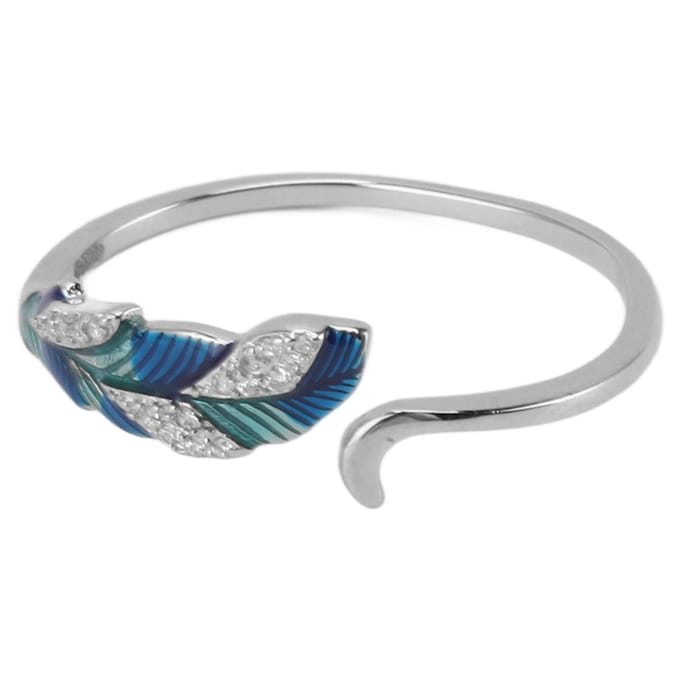 Open Ring S925 Sterling Zilver Schitterend Platina Blauw Groen Verloop Veer Vorm Verstelbaar Open gray
