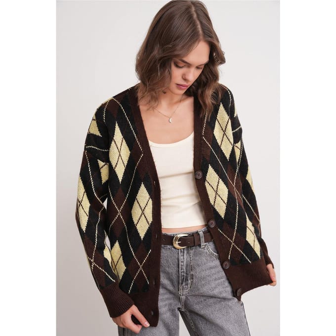 Oversized Argyle V-hals Knopen Cardigan