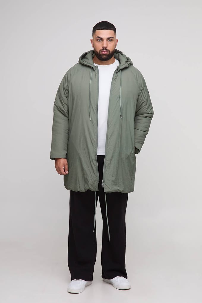 Plus Regular Fit Longline Hooded Zip Up Padded Parka Jacket | Khaki | Size 2XL