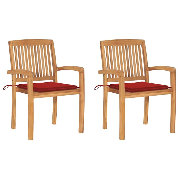 vidaXL - Tuinstoelen - 2 - st - met - rode - kussens - massief - teakhout