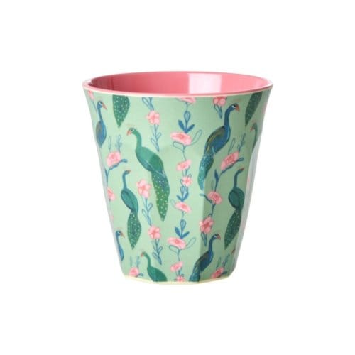 Rice melamine beker, groen met peacock power print, medium 250 ml