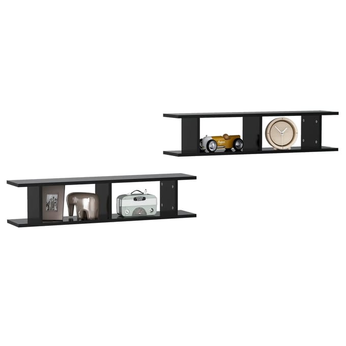 vidaXL - Wandschappen - 2 - st - 90x18x20 - cm - bewerkt - hout - zwart