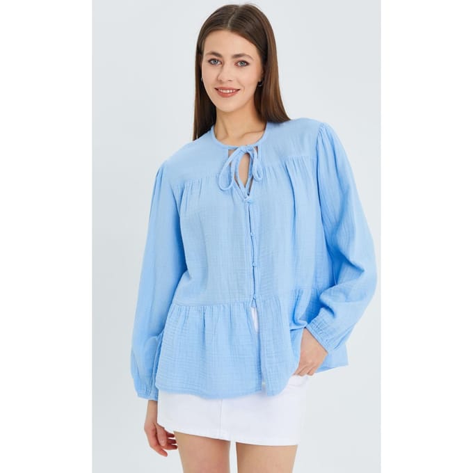 Lange Mouwen Losse Blouse met Strikhals