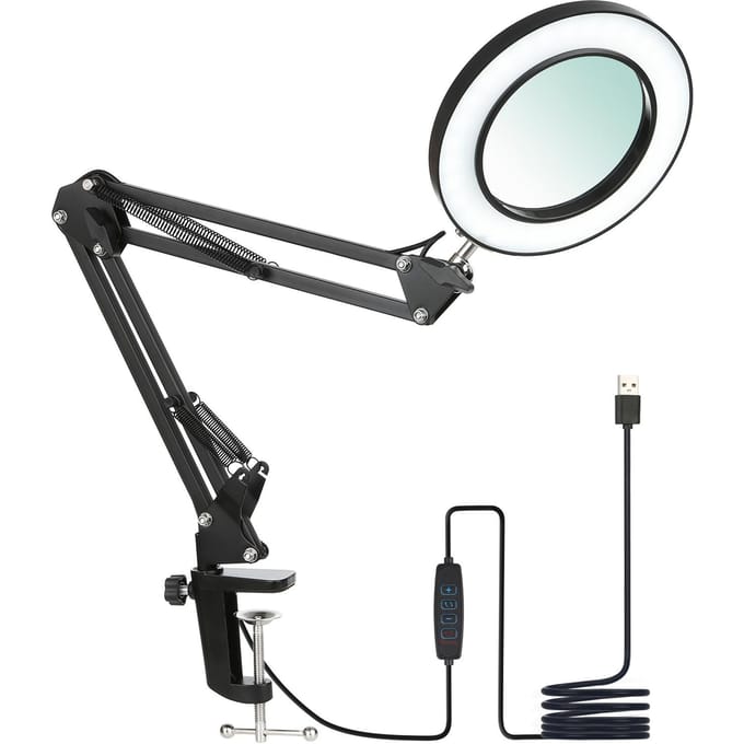 Neoglint Flexibele Klem Tafellamp met 8x Vergrootglas Zwenkarm Dimbare LED's Bureaulamp 3 Kleurstanden & 10 Helderheidsniveaus zwart