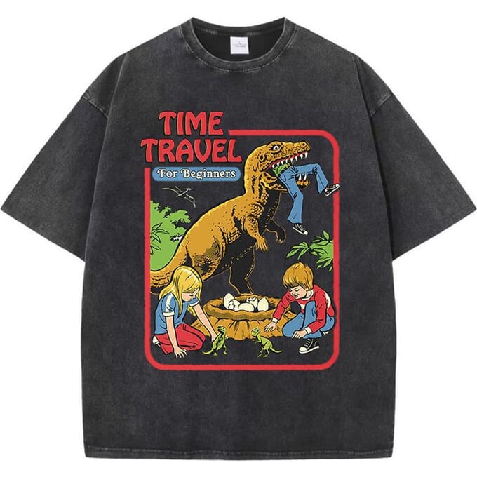 Stelen Dinosaurus Baby Gevangen Aangespoeld Retro Mannen T-shirts Katoen Casual Korte Mouw Mode Ademend Los Oversized T-shirt 2XL black