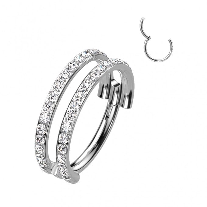 High Quality titanium clicker double lined gemmed 1.2x8 mm - zilver - LMPiercings
