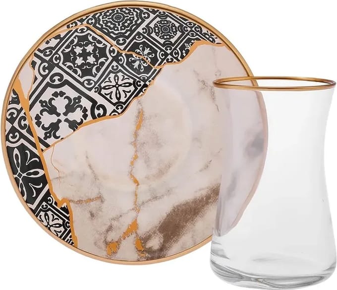 Karaca Aris – Elegante Turkse Theeglazenset – Multikleuren – Set van 6 – 12-Delig