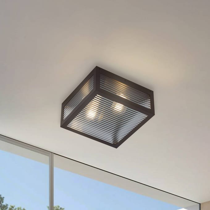 Lindby - plafondlamp - 2lichts - IJzer, glas - H: 13 cm - E27 - zwart, transparant