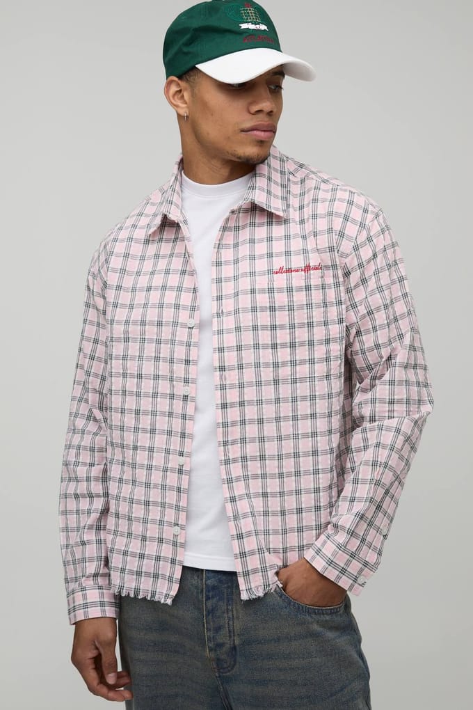 Oversized Boxy Geruit Overhemd Met Ruwe Zoom | Pink | Size Medium