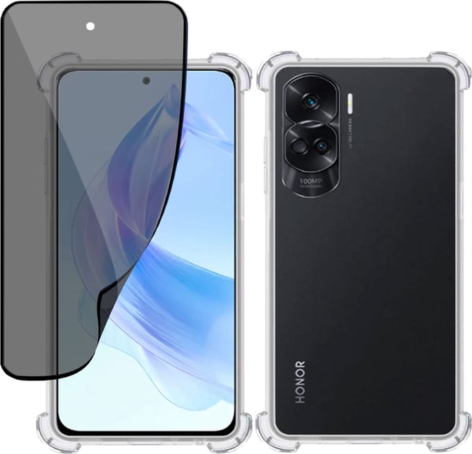 Hoesje + Privé Screenprotector geschikt voor Honor 90 Lite – Privacy Tempered Glass - Case Transparant