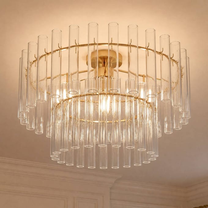 Lucande plafondlamp Leanna, helder/messing, Ø 54 cm, glas