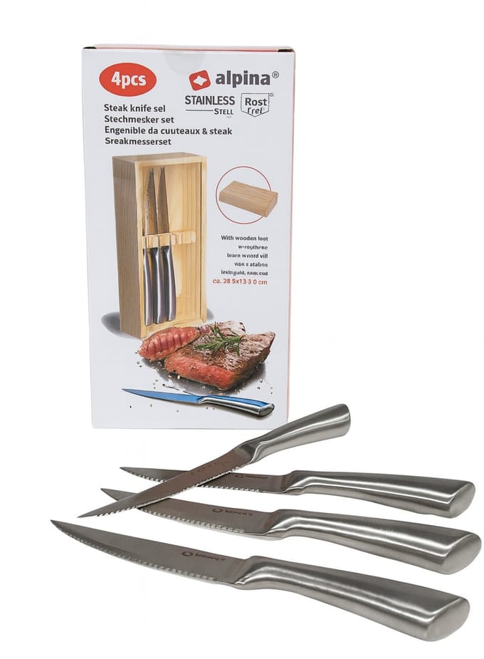 Alpina® Steakmessenset – 4 stuks – RVS – Inclusief Luxe Houten Opbergbox - Messen