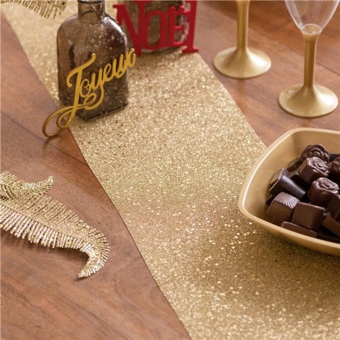 Santex Kerstdiner glitter tafelloper smal op rol - goud - 18 x 500 cm - polyester