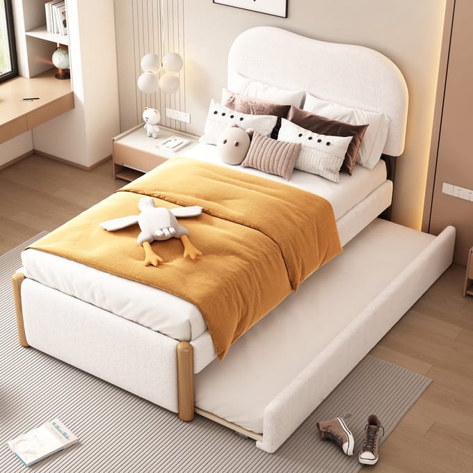 Eenpersoonsbed - 90x200 cm - Gestoffeerd met Uitschuifbed - Wit