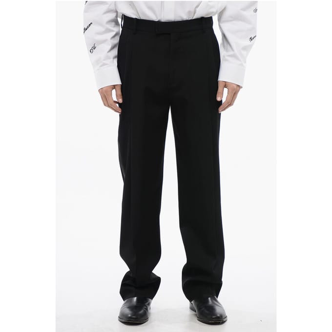 Dubbelgeplooide wollen broek met hoge taille in zwart