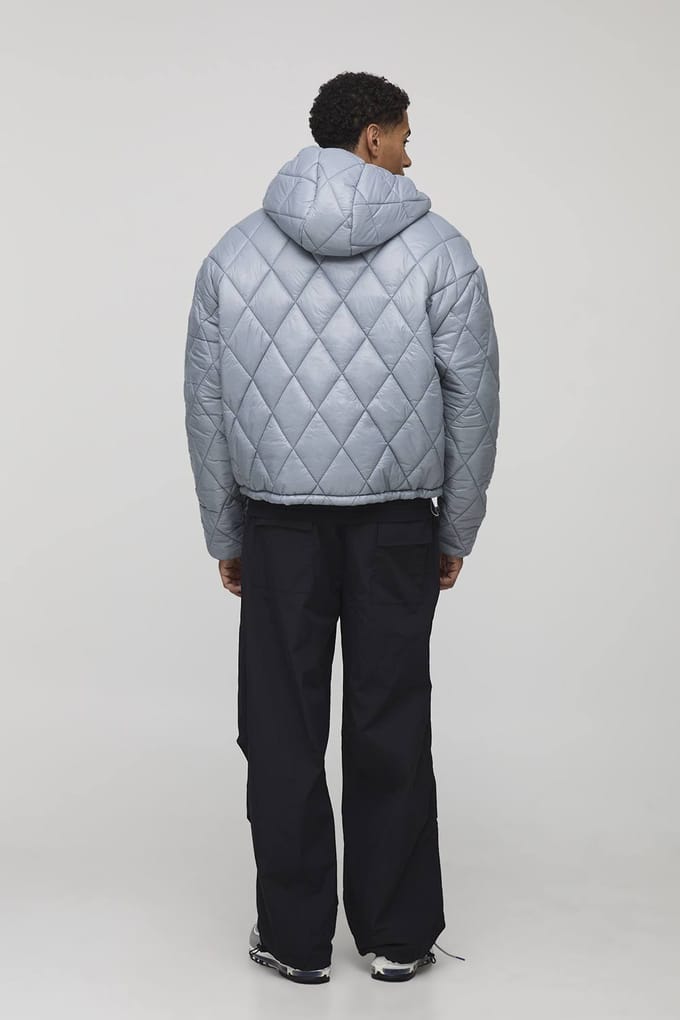 Oversized Boxy High Sheen Diamond Quilted Hooded Funnel Puffer Jacket | Grey | Size Medium