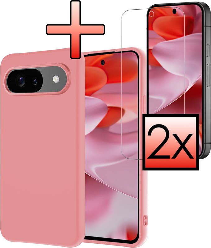 Hoesje - Met 2x Screenprotector - Geschikt voor Google Pixel 9 - Sterk & Shockproof - Back Cover - Siliconen Case - Telefoon Hoes - Lichtroze