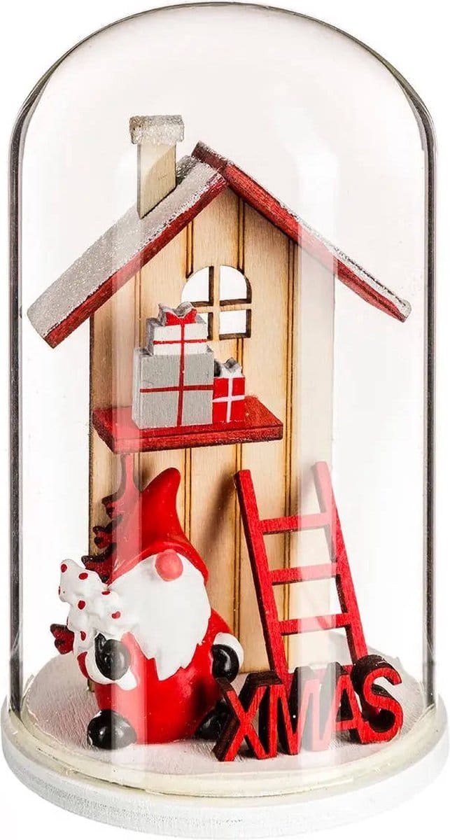 Glazen koepel met houten kersthuisje, 12 cm
