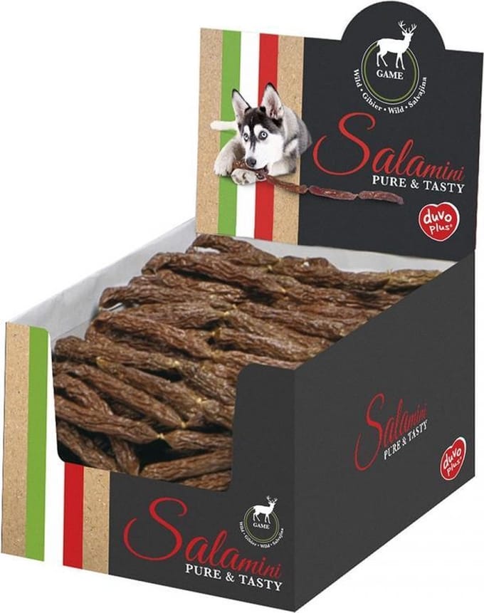 Duvo+ Salamini worstjes met wild 8,5x8,5x1,6cm, prijs voor display met 250 stuks