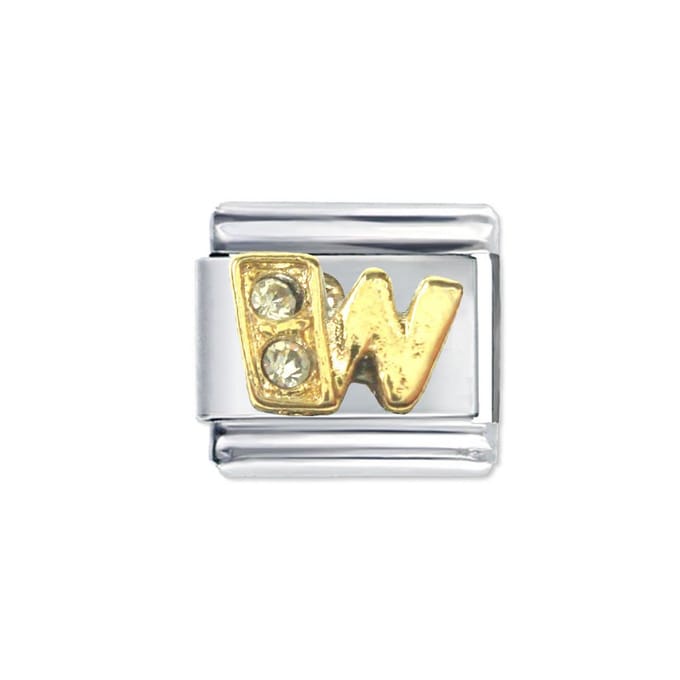 Schakel Bedel - Letter W - met strass - 9mm- Passend op Italiaanse Bedelarmband - Plated