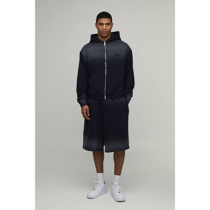 Oversized Boxy Ombre Wash M Ster Ritssluiting Hooded Jort Trainingspak | Black | Size Medium