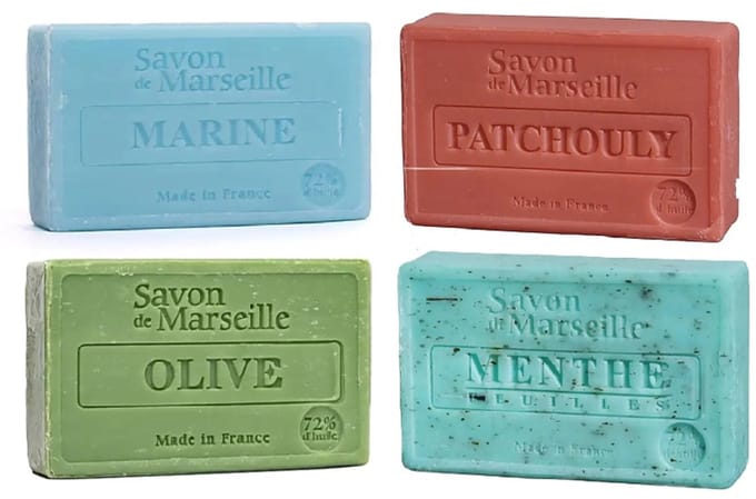 Marseille zeep set van 4 - Marine Menthe Patchouli en Olive - le Chatelard 1802 Savon de Marseille
