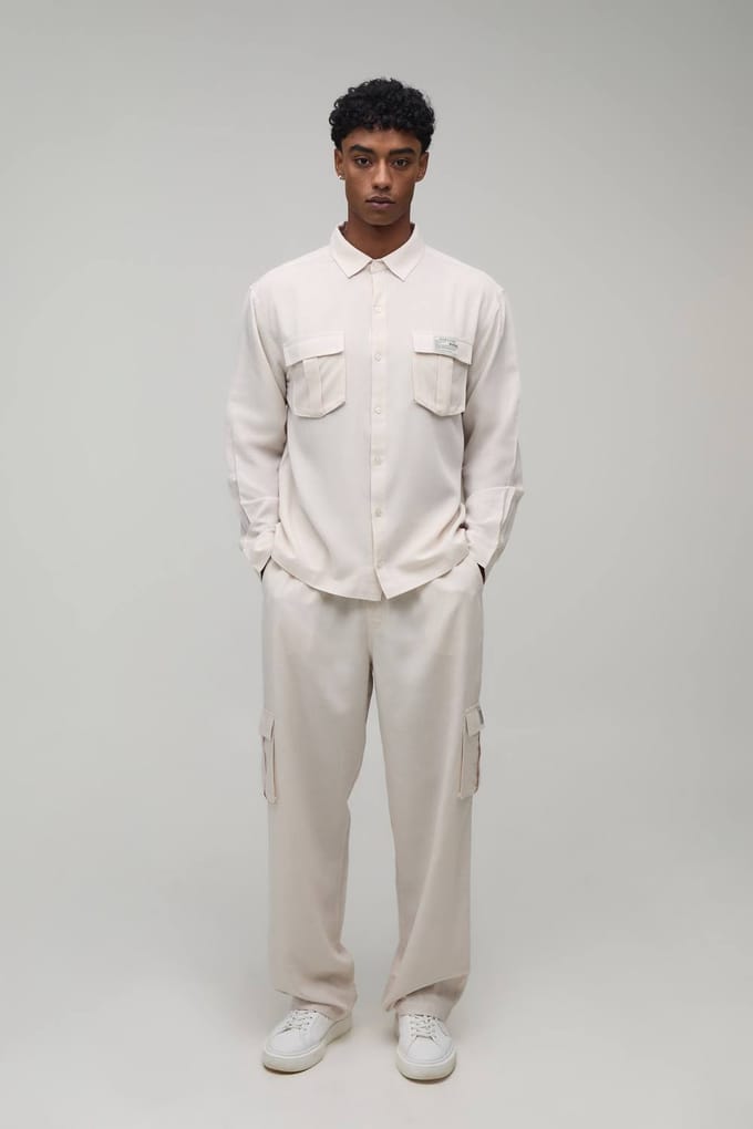 Linnen Regular Cargo Overhemd & Relaxed Broek Set | Natural | Size Medium