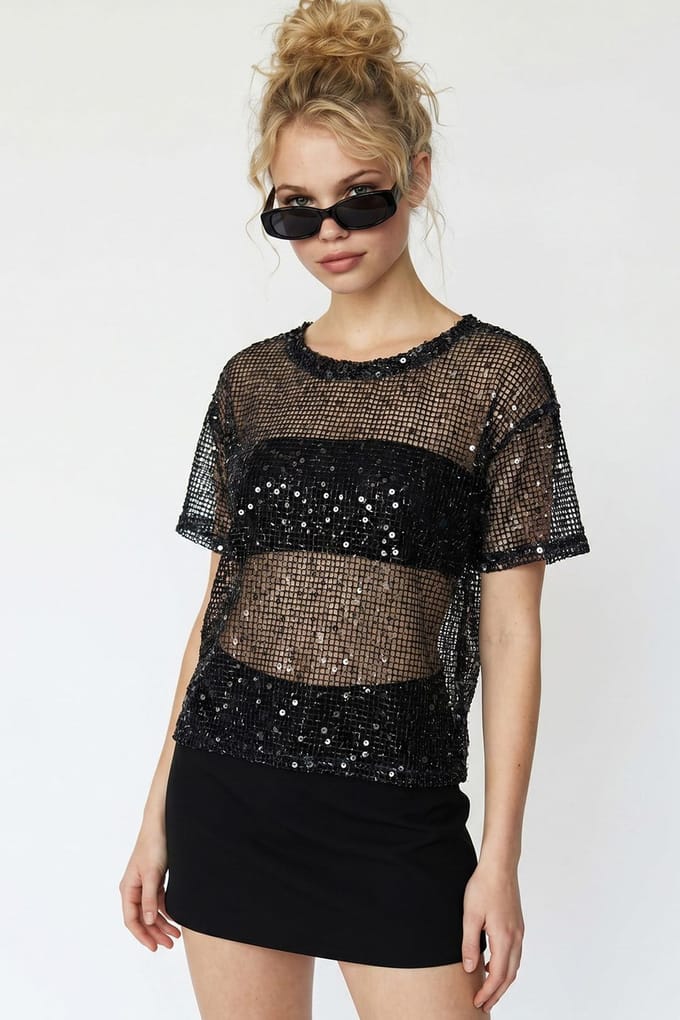 Pailletten Geweven Ronde Hals Blouse