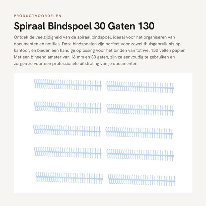 Dailygoods- Bindspoel 10 Stuks - Spiraalvormige Bindspoel - 30 Gaten - 16 mm Binnendiameter - 130 Vel Capaciteit - Plastic Stekels - Bindring