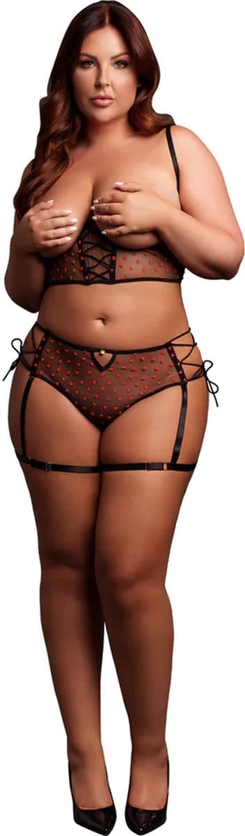 Two Piece Set with Underwired Open-Cup Bra and Panty with Laced Up Details - Plus Size - Black