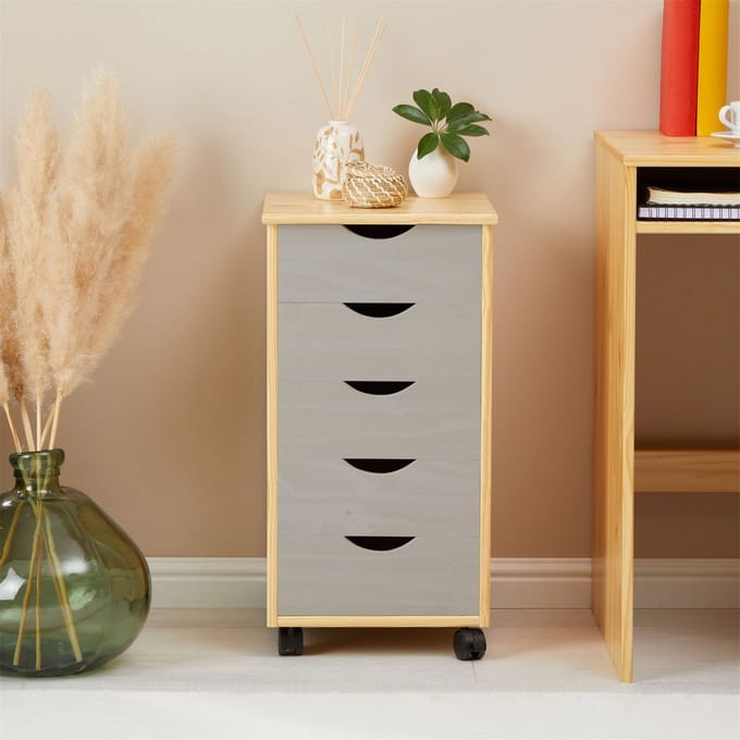 Rollcontainer LAGOS met 5 lades van massief hout – naturel/grijs