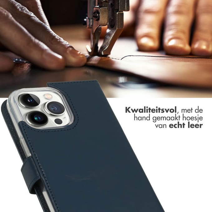 Selencia Hoesje - Geschikt voor Apple iPhone 14 Pro Max - Echt Lederen Bookcase - Blauw