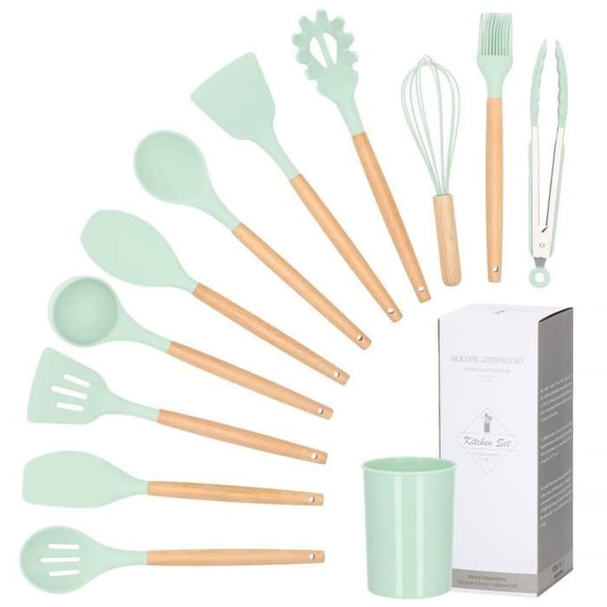 Springos Kookgerei Set | 12 Delig | Keukengerei Siliconen Set | Bamboe/ Siliconen | Mint