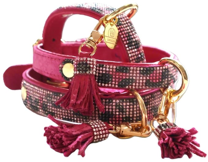 Cavlicious® honden halsband leer met strass steentjes - roze - XL