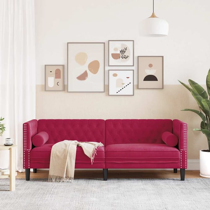 vidaXL - Driezitsbank - Chesterfield-stijl - met - bolsters - fluweel - wijnrood