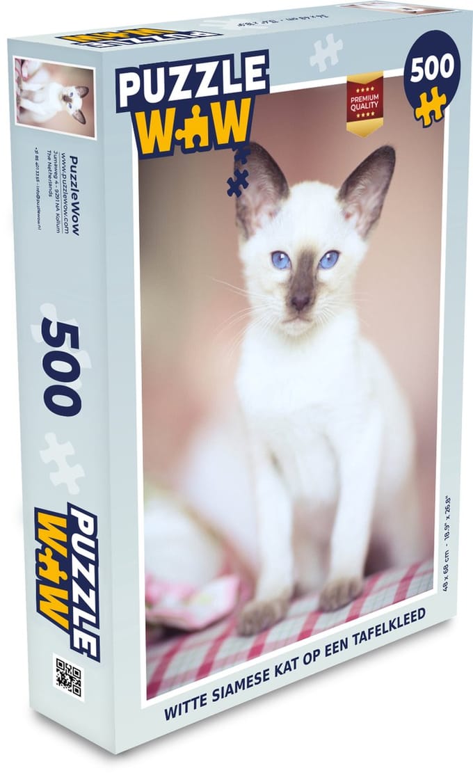 Puzzel Witte Siamese kat op een tafelkleed - Legpuzzel - Puzzel 500 stukjes