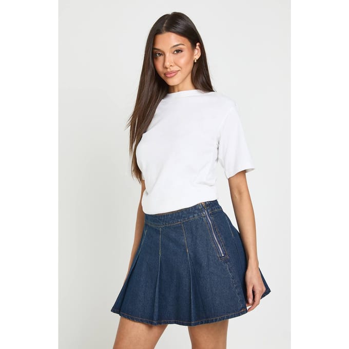 boohoo Dames Geplooide Denim Rok | Donker Indigo | Maat: 34